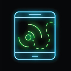 Poster - Smartphone showing a gps route with position tracking glowing in neon colors on a dark background