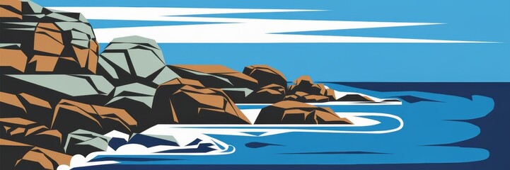 Poster - Stylized Seascape with Rocks and Waves