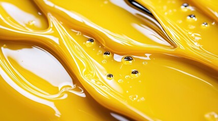   A yellow liquid with water droplets on its surface and water on its base