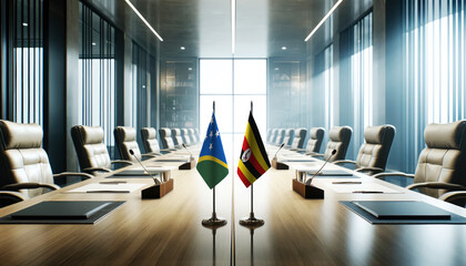 A modern conference room with Solomon Islands and Uganda flags on a long table, symbolizing a bilateral meeting or diplomatic discussions between the two nations.