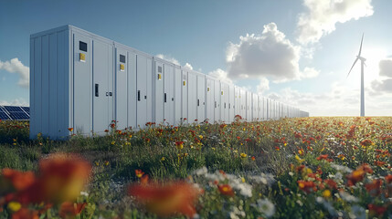 Poster - Solar panels and energy storage units in a flower-filled landscape.