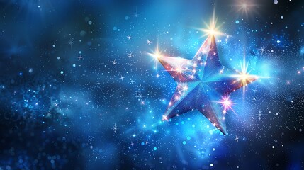 A sparkly gold star against a blue night sky background with glittering lights.