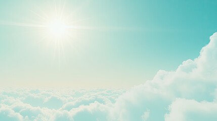 Wall Mural - soft, white clouds floating in a vibrant blue sky, with the sun rays shining through and casting a r