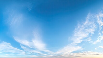 Wall Mural - soft, white clouds floating in a vibrant blue sky, with the sun rays shining through and casting a r