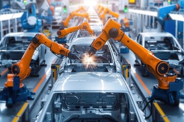 Robotic arms carry out precise tasks on a car assembly line, enhancing efficiency and ensuring quality in manufacturing processes. Generative AI