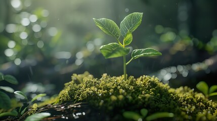 Sticker - A Tiny Sprout Emerging Through Moss in Sunlight