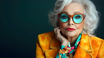 Poster - Stylish elderly woman with vibrant attire and glasses posing thoughtfully.