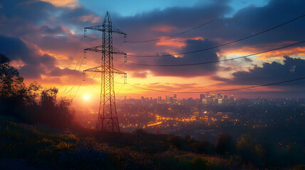 Wall Mural - Sunset over a cityscape with power lines and vibrant clouds.