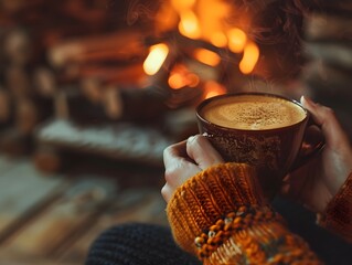 Poster - Person Enjoying a Hot Beverage by a Crackling Fireplace in a Rustic Cabin