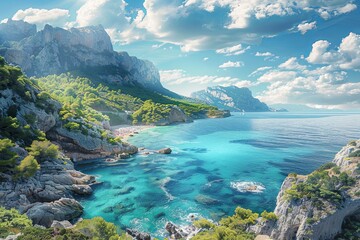 Fototapete - Discover the beauty of a tranquil beach where clear turquoise waters meet rugged cliffs, surrounded by lush greenery and distant mountains. Generative AI