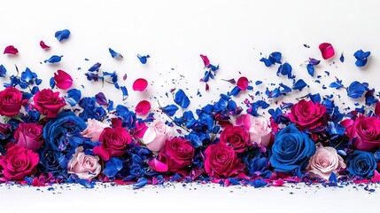   A picture with many red, pink, and blue blossoms and confetti on white background, featuring a blue and pink confetti edge