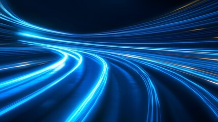 Luminous blue lines speed. Neon color glowing lines background, high-speed light trails effect. Futuristic dynamic motion technology.