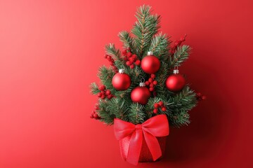 Festive christmas tree decoration with red baubles on vibrant background