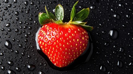 Wall Mural - Fresh strawberry with water drops on black background