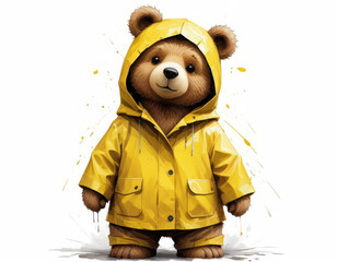 Teddy bear in a yellow raincoat on a white background