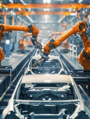 Aufkleber - Two robotic arms work together to assemble car frames on an automotive production line in an advanced factory setting. Generative AI