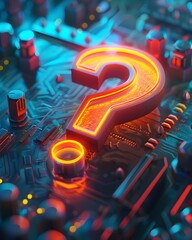 Poster - Futuristic Holographic Question Mark Hovering Above Sleek High Tech Control Panel