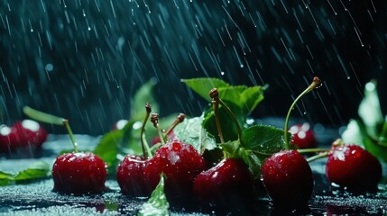 Wall Mural - Fresh cherries in the rain on dark background