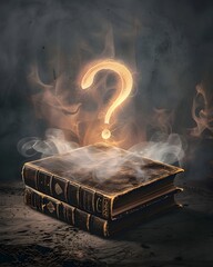 Poster - Mystical Glowing Question Mark Hovering Above Ancient Book in Foggy Atmosphere
