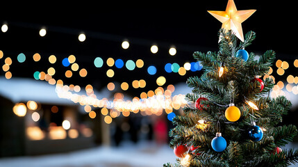 Wall Mural - Beautiful Christmas Tree with Colorful Ornaments and Snowy Background