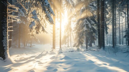 Sticker - Sunlight shines through a snowy forest, creating a magical atmosphere.