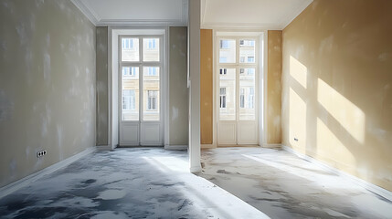 Canvas Print - Two unfinished rooms with light-colored walls and dusty floors.