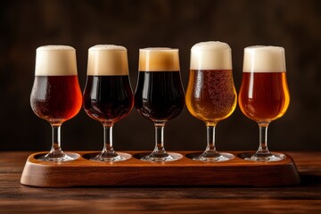 Five glasses of beer resting on wooden tray for beer tasting event