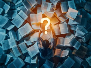 Poster - A person surrounded by books and papers with an exclamation mark forming from scattered pages symbolizing an important breakthrough