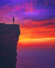 Poster - Silhouetted Figure Stands Tall on Cliff as Sunset Paints the Sky in Dramatic Hues