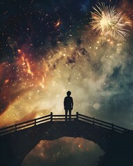 Wall Mural - Solitary Silhouette Witnessing the Captivating Fireworks Display over the Enchanting Bridge