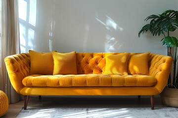 Wall Mural - Couch with yellow pillows and yellow blanket, scandinavian style, ecostyle.