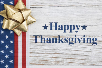 Sticker - Happy Thanksgiving message with retro US flag banner on weathered wood