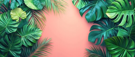 Wall Mural - Tropical Leaf Border on Pink Background