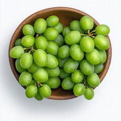 Freshly Picked Green Grapes in a Wooden Bowl - Front and Top View Isolated on White Background