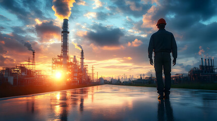 Poster - Worker observing an industrial landscape at sunset.