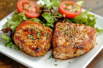 Close Up Still Life of Two Fried Tuna Steaks on Square White Plate with Seasoning and Fresh Green Salad with Tomato on Painted Wooden Table - generative ai