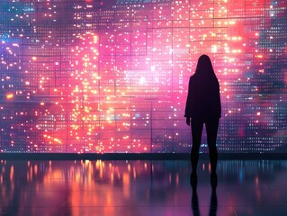 Poster - silhouetted figure standing before glowing digital backdrop with streaming data