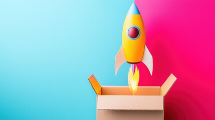 Poster - Rocket launching from cardboard box, colorful background