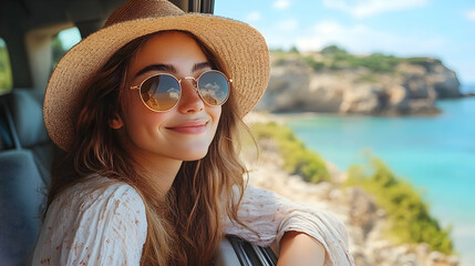 Wall Mural - Young woman enjoying a scenic view from a vehicle by the coast.