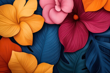 Poster - Vibrant floral and foliage illustration featuring large, detailed leaves and petals in various colors including orange, pink, red, and blue, creating a tropical-themed design.