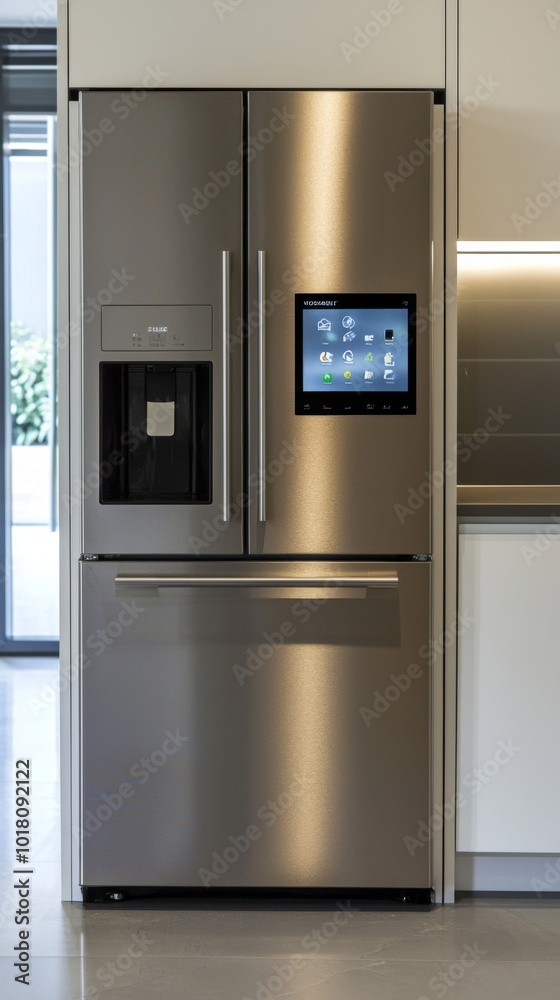 A modern stainless steel refrigerator with a touchscreen interface for ...