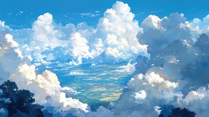 Wall Mural - white clouds drifting across a shining blue sky, with sunlight filtering through, creating a peacefu