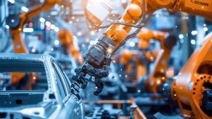 Leinwandbilder - Advanced robotic arms skillfully perform precise tasks, contributing to the efficient assembly of automobiles in a busy factory. Generative AI
