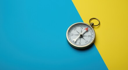 silver compass on blue and yellow background, pointing north