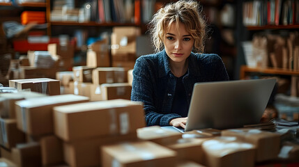 Wall Mural - Young woman working on a laptop surrounded by cardboard boxes.