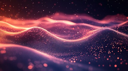 Fototapete - Abstract red particles wave forming cyber technology background