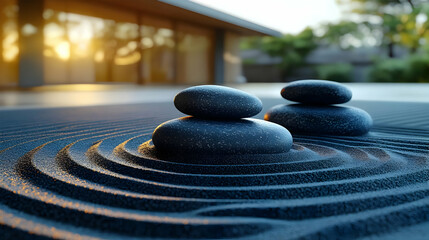 Wall Mural - Zen garden with stones and raked sand, promoting tranquility.