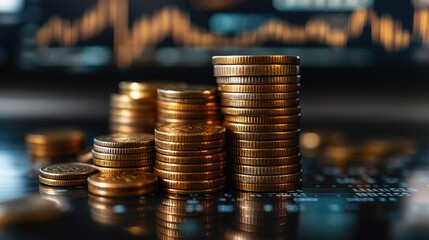 Poster - Stacks of gold coins increasing in value on a stock chart background