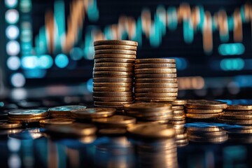 Poster - Gold coins stacked on each other reflecting from a surface with stock market charts in background