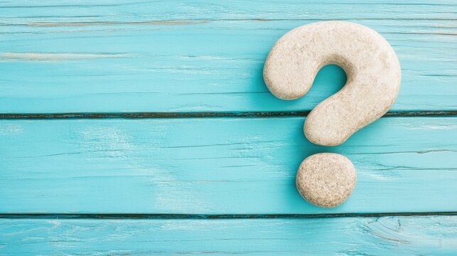 3D question mark made of stone, placed on a smooth wooden table, with a simple blue background for a minimalist design.